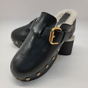 Mango Black Leather Clogs with Gold Accents